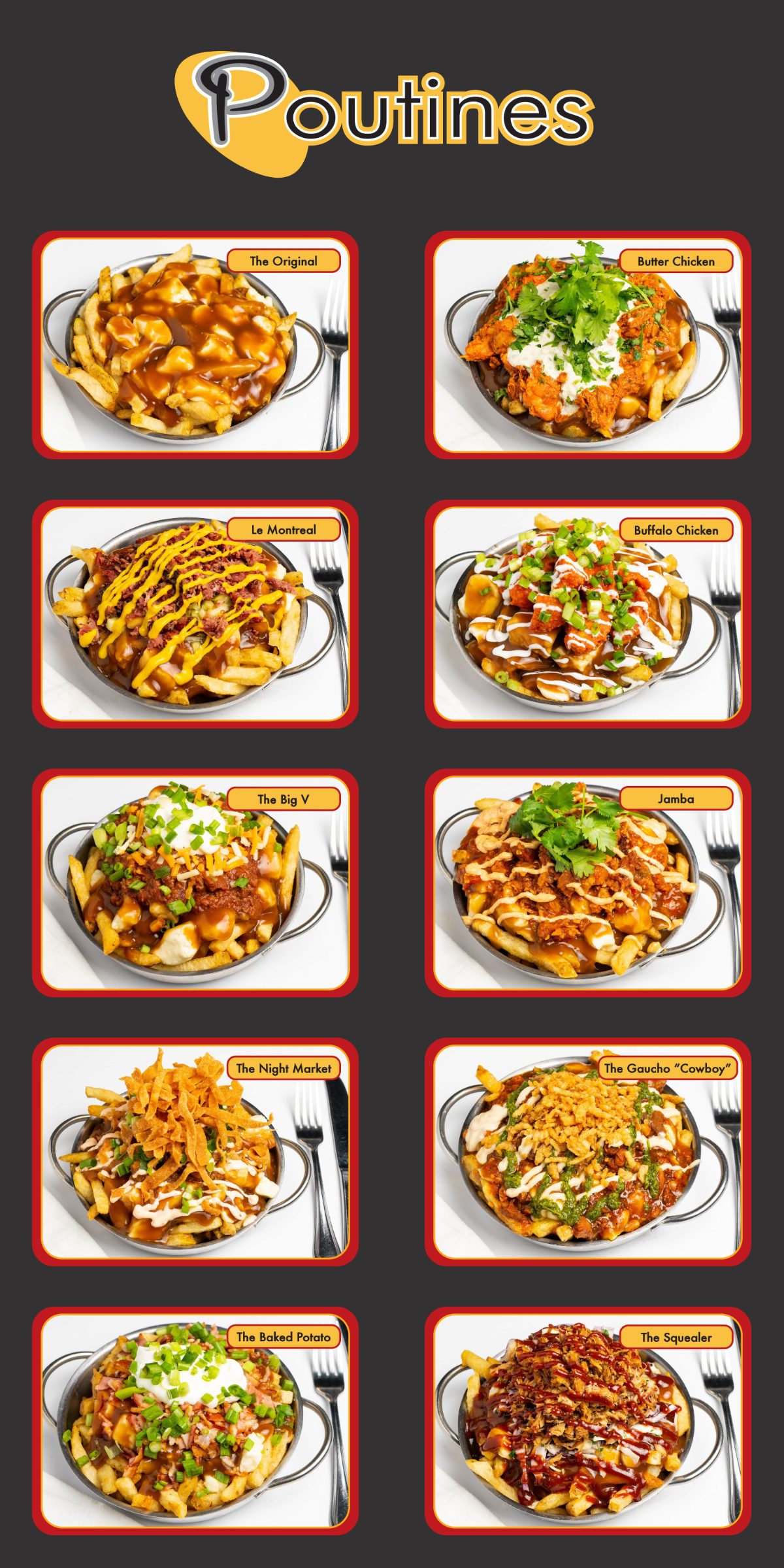 Photos of Spud Shack poutines: The Original, Butter Chicken, Le Montreal, Buffalo Chicken, The Big V, Jamba and more